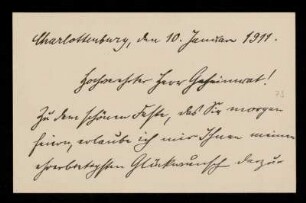 Brief von Otto Hirschfeld an Otto von Gierke, Charlottenburg (Berlin), 10.1.1911