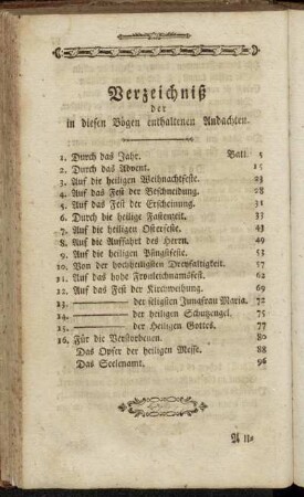 Verzeichniß der in diesen Bögen enthaltenen Andachten.