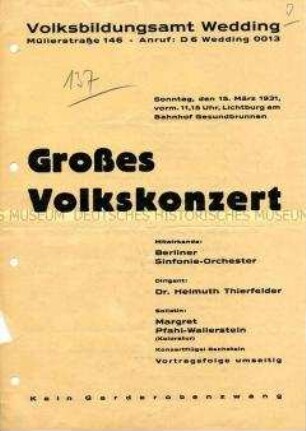 Programmschrift des Volksbildungsamtes Wedding zu einem "Großen Volkskonzert"