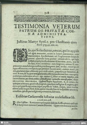 Testimonia Veterum Patrum De Privatae Coenae Administratione