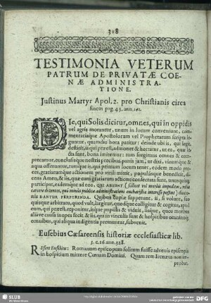 Testimonia Veterum Patrum De Privatae Coenae Administratione