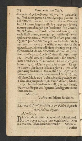 Lettera di Consolazione a un Padre sopra à morte d' un Figlio.