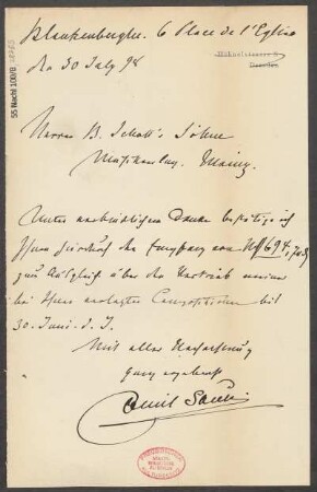 Brief an B. Schott's Söhne : 30.07.1898