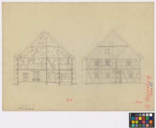 Schlalach (Kreis Zauch-Belzig): Hof [Nichelmann]. Bauernhaus (Giebelansicht, Querschnitt)