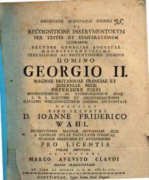 Diss. inaug. iur. de recognitione instrumentorum per testes et comparationem literarum