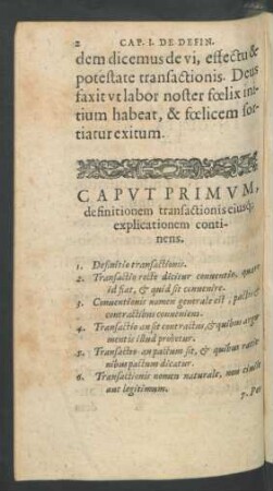 Caput Primum, definitionem transactionis eiusque explicationem continens.