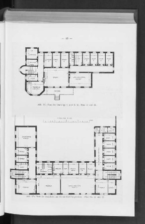 Abb. 26: Haus für Unruhige I. und II. Kl. Plan 19 und 20. Abb. 27: Haus für Unsichere und Kriminelle-Obergeschoss Plan No. 21 und 22.