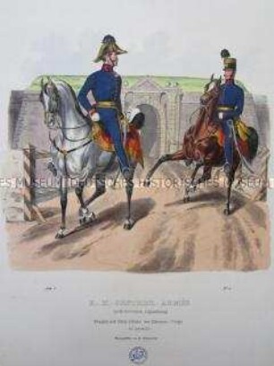 Uniformdarstellung, Stabsoffizier und Oberoffizier des Mineur-Korps in Parade-Uniform zu Pferd, Österreich, 1840. Tafel aus: Trentsensky: K.K. Oesterreichische Armée nach der neuen Adjustirung.