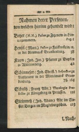 Nahmen derer Personen, von welchen hierinn gehandelt wird: