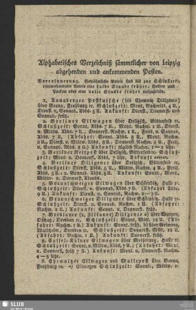 Alphabetisches Verzeichniß sämmtlicher von Leipzig abgehenden und ankommenden Posten