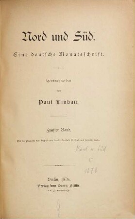 Nord und Süd : Monatsschrift für internationale Zusammenarbeit. 5, 5. 1878