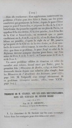 Théoreme de M. Steiner, sur les ayes rectangulaires, dans les surfaces du second degré.