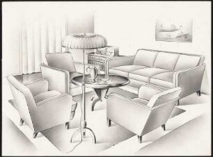 Sitzecke. Ein Sofa, Dreisitzer, drei Sessel, runder Couchtisch, Stehlampe, niedriges Schränkchen mit Schieber, darauf Radio