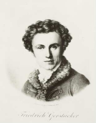 Gerstäcker, Friedrich : Brustporträt Friedrich Gerstäcker (1816-1872; deutscher Schriftsteller). Lithographie von F. C. Greger
