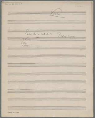 Quartets, vl (2), vla, vlc, op.23, e-Moll - BSB Mus.ms. 23169-2 : [title viola part:] Viola // Quartetto e moll op. 23 // per // 2 Violini // Viola // Cello // E. Wolf-Ferrari ; [title violoncello part:] Quartetto // in E moll op. 23 E WolfFerrari // per 2 Violini // Viola // Cello.