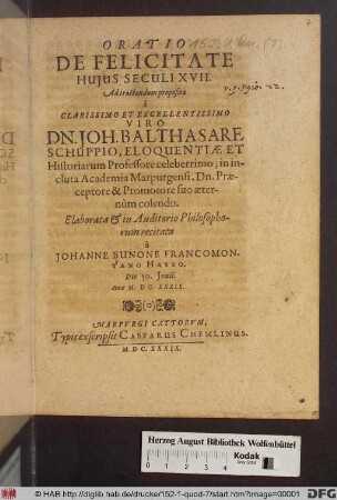 Oratio De Felicitate Huius Seculi XVII.