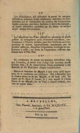 Declaration De l'Empereur Et Roi, Pour Zoutes Les Provinces Belgiques, Concernant la Police & le maintien du bon ordre. Du 28 Aout 1787