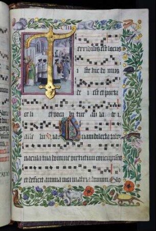 Zierseite mit Bordürenrahmen, Initiale mit Miniatur (Kirchweihfest): T(erribilis): Kirchweihprozession