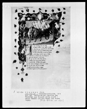 Petrarca, Gedichte — Textseite mit Miniatur und Bordüre, Folio 146recto