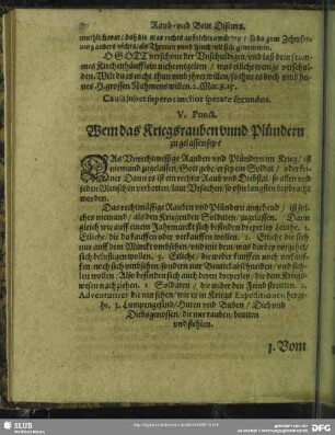 V. Punct. Wem das Kriegsrauben unnd Plündern zugelassen sey?