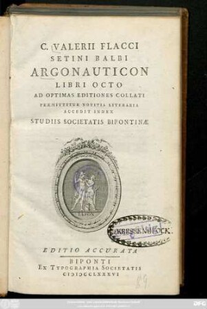 C. Valerii Flacci Setini Balbi Argonauticon Libri Octo : Ad Optimas Editiones Collati ; Præmittitur Notitia Literaria, Accedit Index