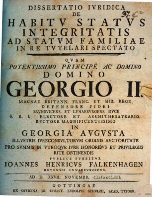 Dissertatio Ivridica De Habitv Statvs Integritatis Ad Statvm Familiae In Re Tvtelarii Spectato