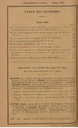 Table des matières. Juin 1892.