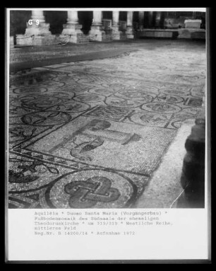 Fußbodenmosaik des Südsaals: Menschen-,Tier- und Pflanzendarstellungen umgeben von Rankenornamenten — Geometrische Ornamente und Kampfszene zwischen einem Hahn und einer Schildkröte