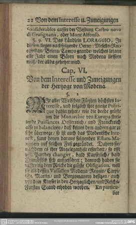 Cap. VI. Von dem Interesse und Zuneigungen der Hertzoge von Modena