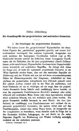 Dritte Abtheilung. Die Grundbegriffe der projectivischen und metrischen Geometrie.