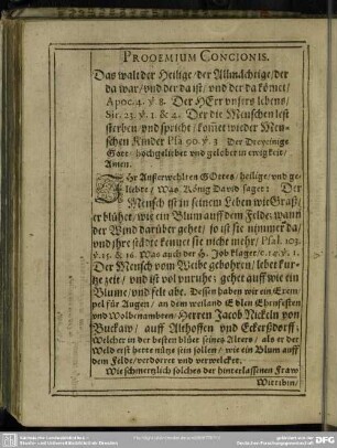 Leichenpredigt : Prooemium Concionis, Thema Concionis, Exordium, Propositio, I. Locus, II. Locus
