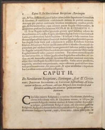 Caput II. De Novitiorum Receptione, Eorúmque, sicut & Clericorum, Juniorum Sacerdotum, ac Laicorum Instructione, & Educatione in Spiritu ...