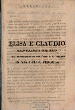 Elisa e Claudio : Melodramma semiserio