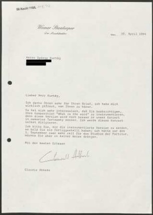 Brief an György Kurtág, 10.04.1991