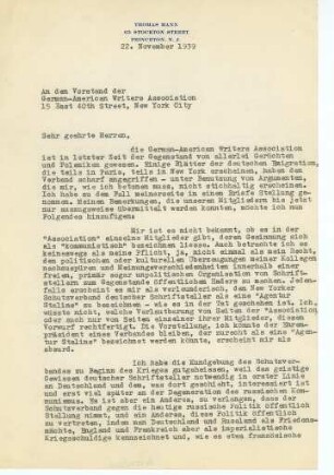 Korrespondenz von Thomas Mann an German-American Writers' Association
