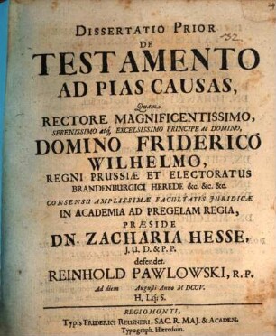 Dissertatio ... de testamento ad pias causas, 1