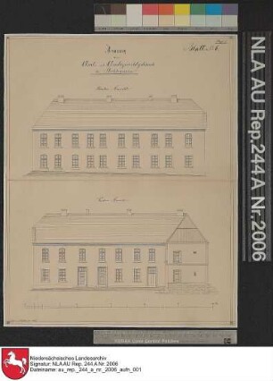 Ansicht des Amts- und Amtsgerichtsgebäudes in STICKHAUSEN Kolorierte Zeichnung von N. Nullmeyer Papier auf Leinen Format 42,0x33,0 M 1:130