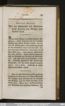 Zweytes Kapitel. Von den Bündnissen und Verträgen, welche Hamburg zum Vortheil seines Handels schloß.