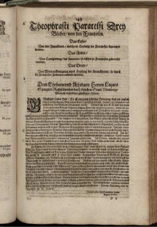 Theophrasti Paracelsi Drey Bücher/ von den Frantzosen