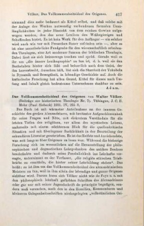 417-418 [Rezension] Völker, Walther, Das Vollkommenheitsideal des Origenes