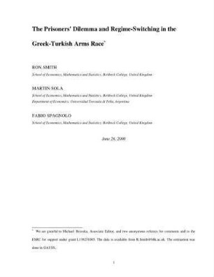 The Prisoners' Dilemma and Regime-Switching in the Greek-Turkish Arms Race