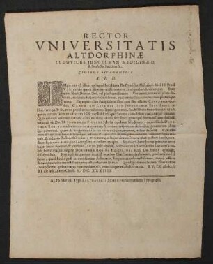 Rector Universitatis Altdorphinae Ludovicus Jungerman Medicinae D. & Professor Puclicus &c. Civibus Academicis S. P. D.