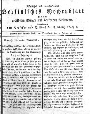 Hundert und neuntes Stueck, Sonnabend, den 2. Februar 1811.