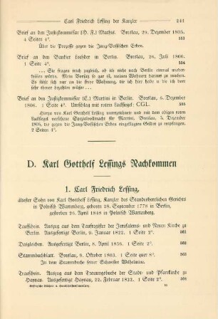 D. Karl Gotthelf Lessings Nachkommen