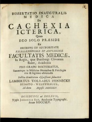 Dissertatio Inauguralis Medica De Cachexia Icterica