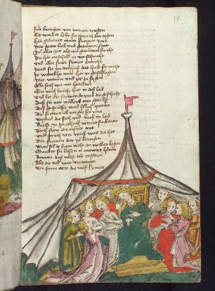 Der Knabe im Zelt (Gericht) von Frau Venus mit den Frauen Liebe, Beständigkeit, Güte, Treue, Ehre, Zucht, Scham und Abenteuer.