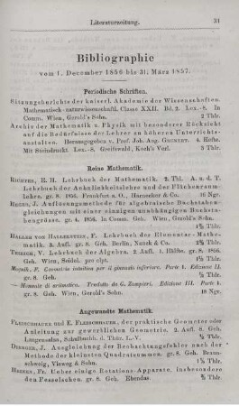 Bibliographie vom 1. December 1856 bis 31. März 1857.