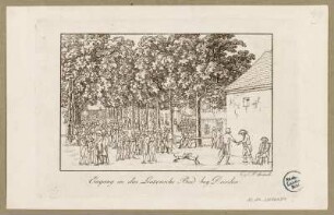 Eingang in das Linckesche Bad, zwischen Bautzner Straße und Mündung der Prießnitz in Dresden (1776 gegründet, mit Mineralwasserbad, Theater 1858 für Ausflugsgasthof abgerissen), Radierung um 1800 : Eingang in das Linkensche Bad bey Dresden / bey C. F. Sprinck. - [Dresden] , [ca. 1800]. - 1 Kunstblatt : kolor. Radierung ; 12,4 x 8,2 cm,