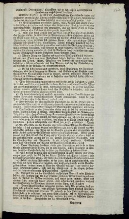 Gnädigste Verordnung, betreffend die in disseitigen Herzogthums Landen neu angelegten Chausséen : Zweybrücken den 14. Septembris 1769.