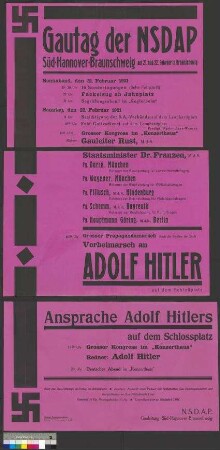 Plakat zum Gautag der NSDAP des Gaus Südhannover-Braunschweig unter Beteiligung von Adolf Hitler am 21. und 22. Februar 1931 in Braunschweig